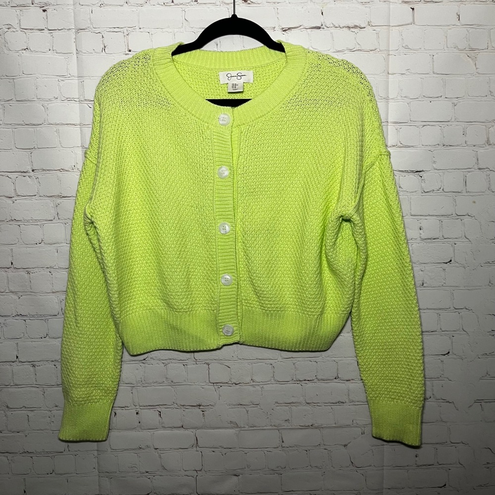 Jessica‎ Simpson Neon Lime Green Knit Button Front Cropped Cardigan Sweater Sz M